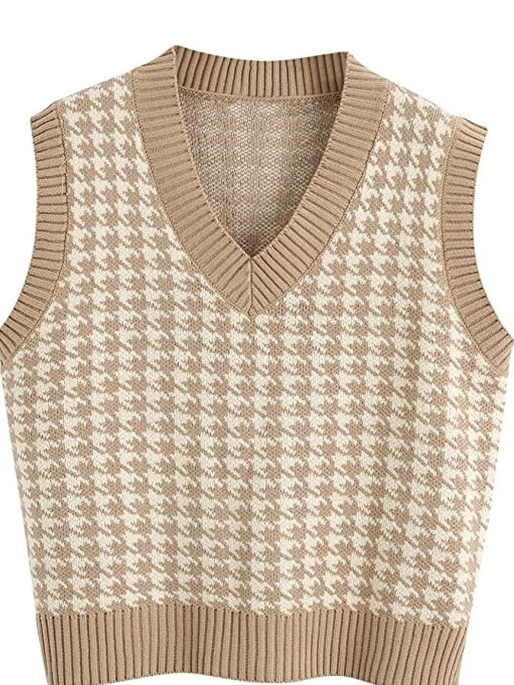 Beige Houndstooth V-Neck Sweater Vest